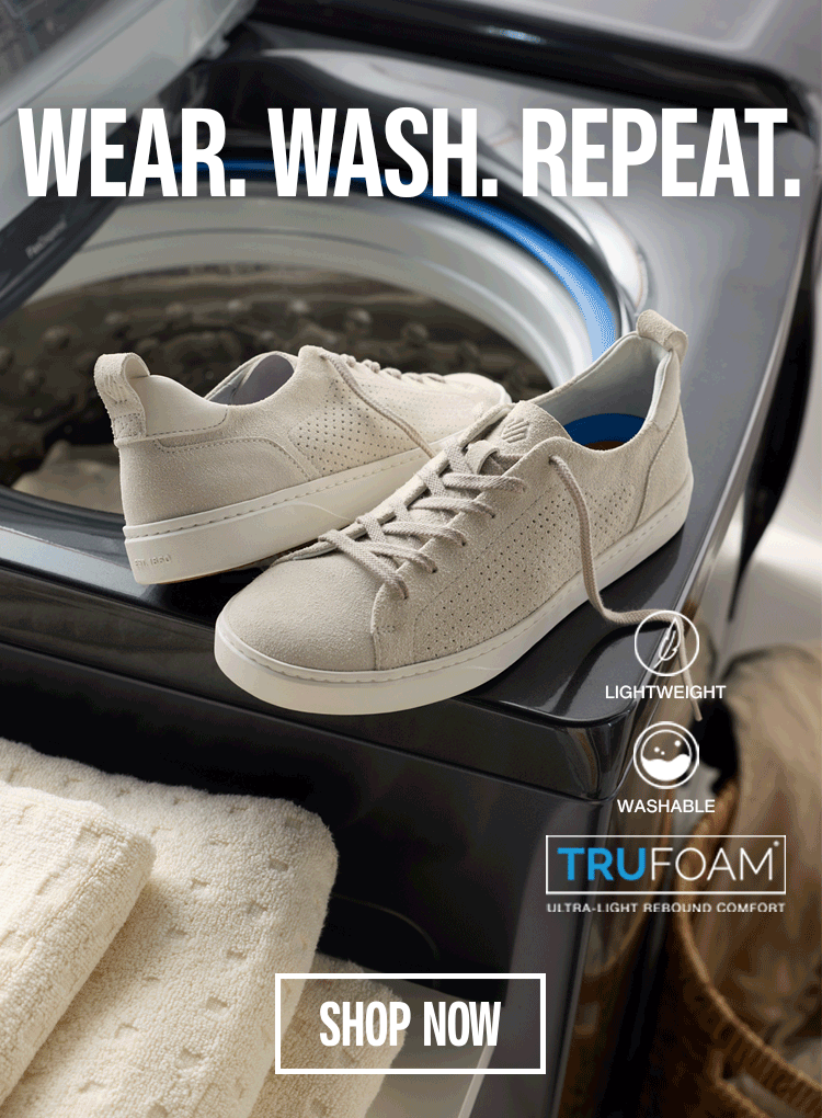 An infographic gif showcasing a pair of Johnston & Murphy sneakers that are machine washable.